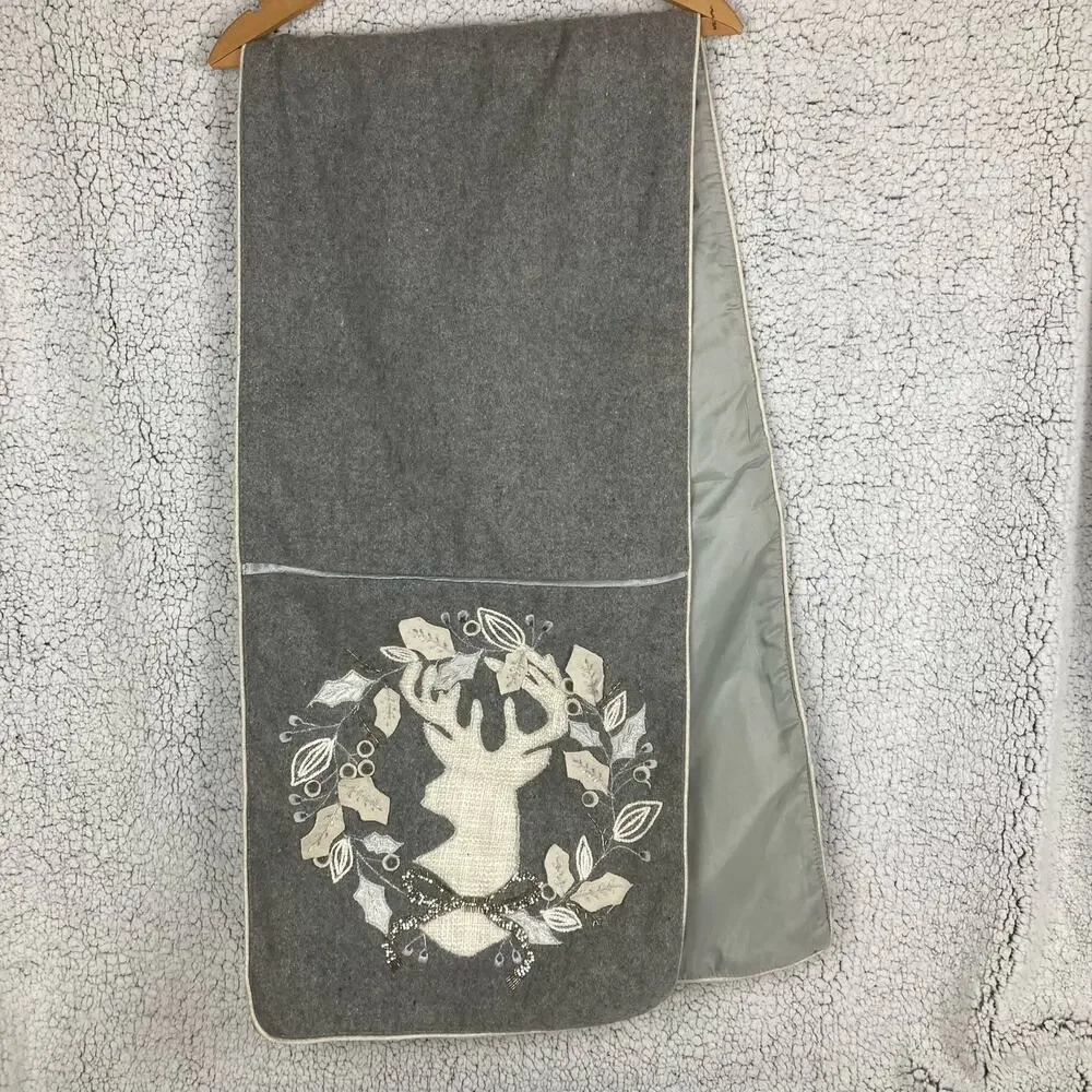 Ridgefield Table Runner Holiday Grey Elk Deer Wreath Applique Wool Blend Beads